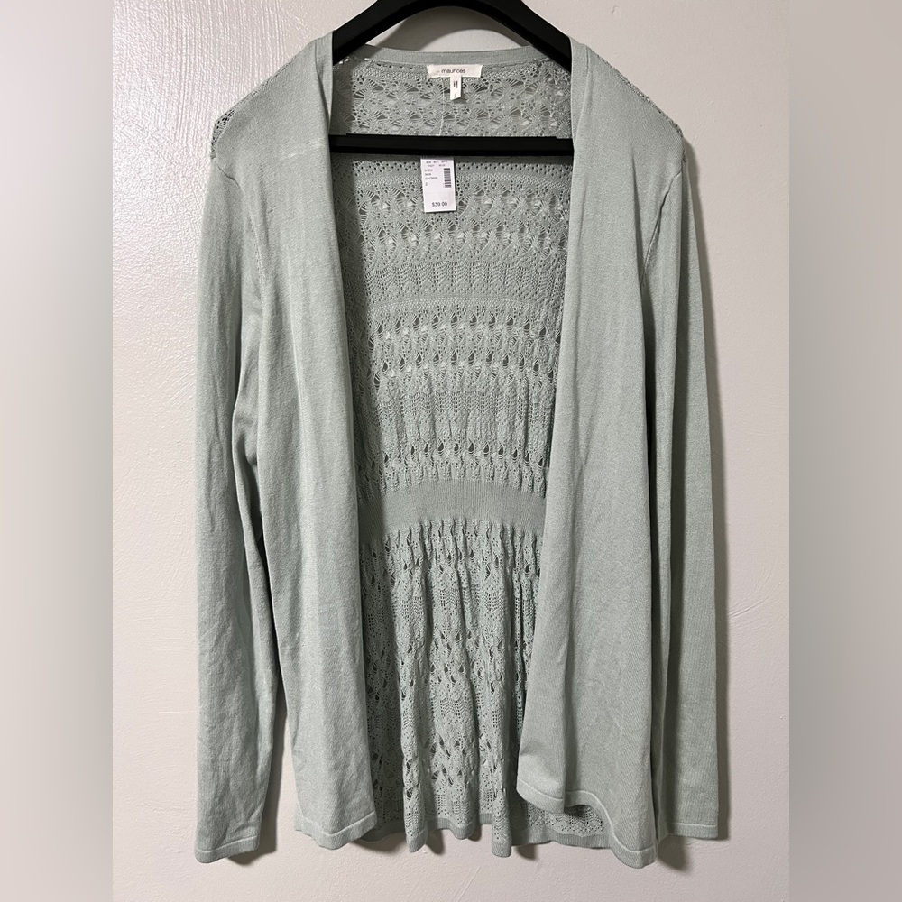 Maurices Sage Green Crochet Back Open-Front Cardigan | Size 2 (XL/XXL)